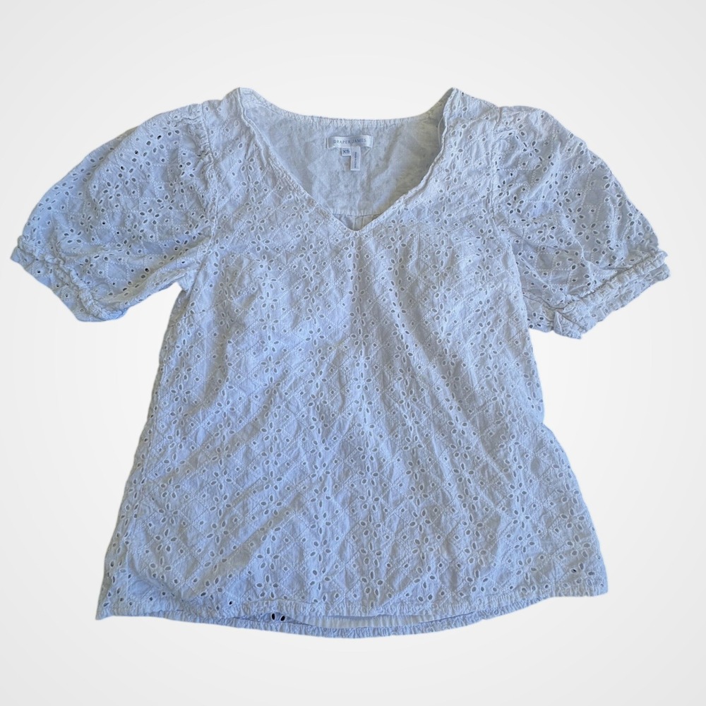 Draper James White Eyelet Cotton V-Neck Puff Sleeve Blouse Womens Size XS